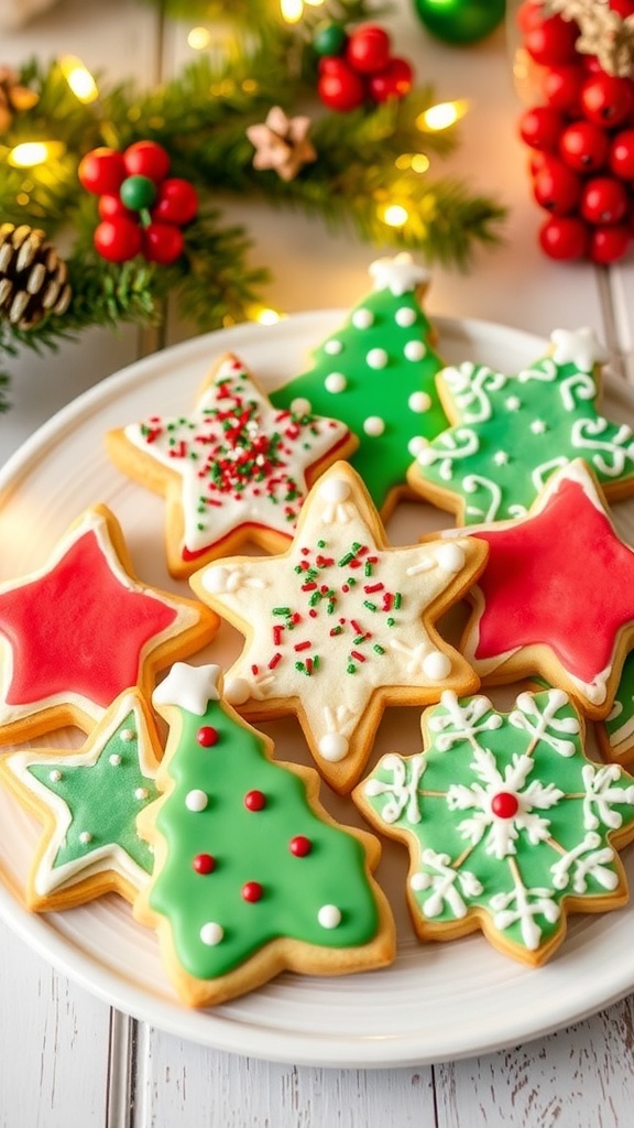 A plate of decorated Christmas sugar cookies in festive shapes with icing and sprinkles.